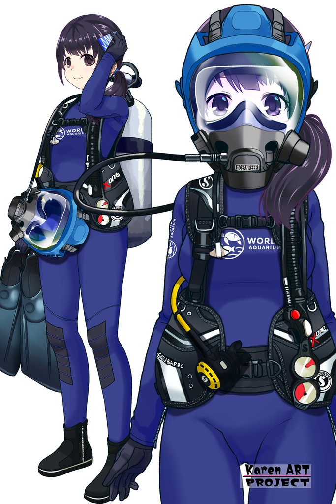 ゆりちゃん+マリンガールのダイビング装備 Blue Version【水族館のスタッフ04】正面アングル Yuri is wearing Aquarium Marine Girl Equipment Blue Version【Marine Girl04】Front Angle