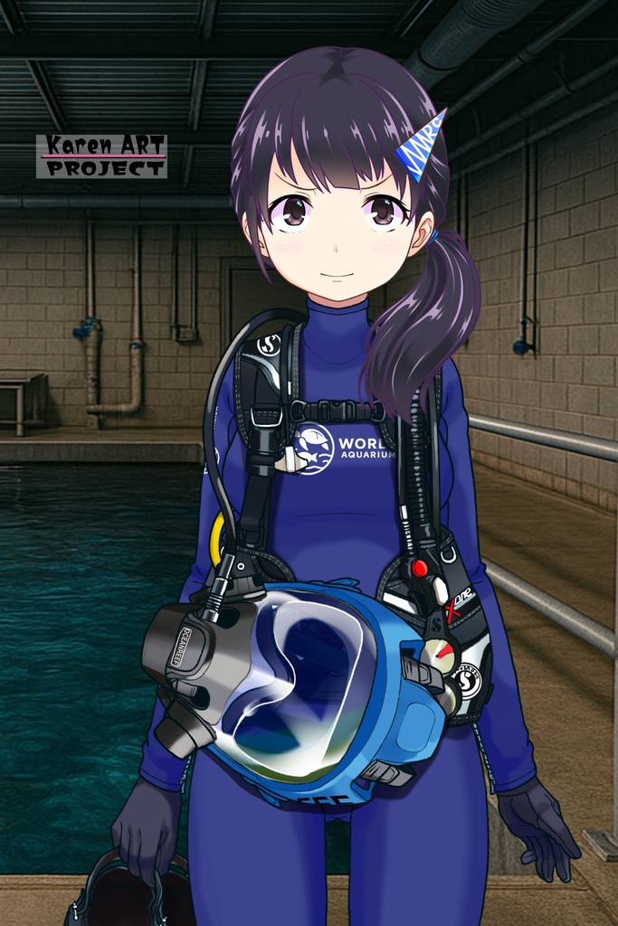 ゆりちゃん+マリンガールのダイビング装備 Blue Version【水族館のスタッフ04】正面アングル Yuri is wearing Aquarium Marine Girl Equipment Blue Version【Marine Girl04】Front Angle