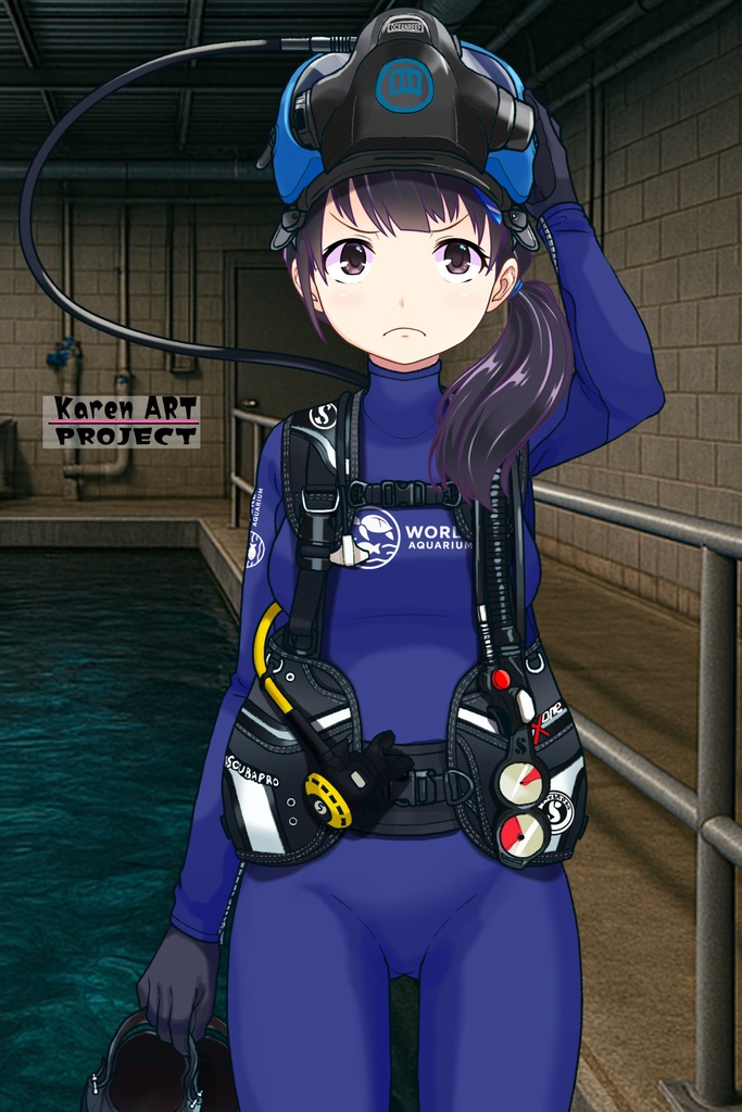 ゆりちゃん+マリンガールのダイビング装備 Blue Version【水族館のスタッフ04】正面アングル Yuri is wearing Aquarium Marine Girl Equipment Blue Version【Marine Girl04】Front Angle