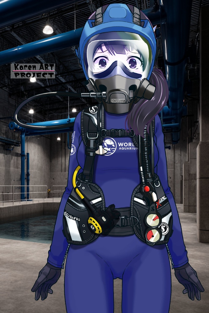 ゆりちゃん+マリンガールのダイビング装備 Blue Version【水族館のスタッフ04】正面アングル Yuri is wearing Aquarium Marine Girl Equipment Blue Version【Marine Girl04】Front Angle