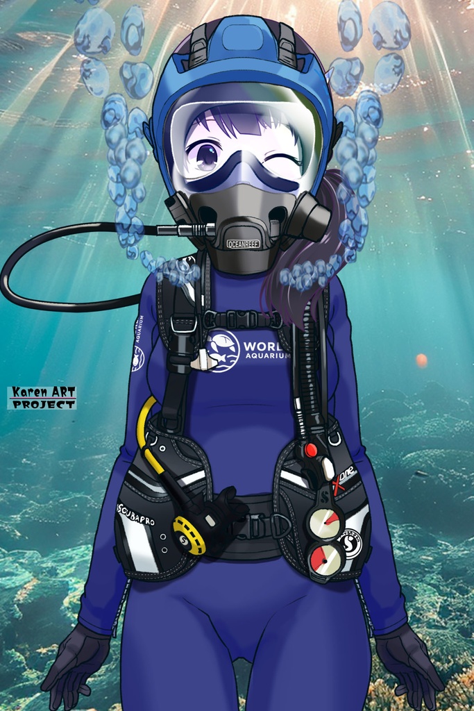 ゆりちゃん+マリンガールのダイビング装備 Blue Version【水族館のスタッフ04】正面アングル Yuri is wearing Aquarium Marine Girl Equipment Blue Version【Marine Girl04】Front Angle