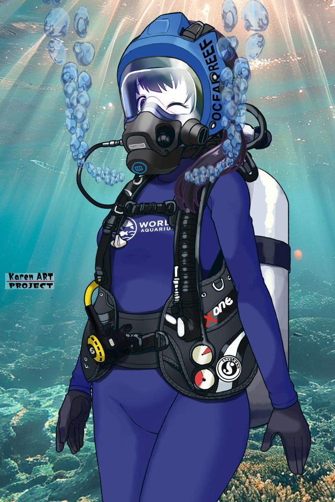 ゆりちゃん+マリンガールのダイビング装備 Blue Version【水族館のスタッフ05】斜め前アングル Yuri is wearing Aquarium Marine Girl Equipment Blue Version【Marine Girl05】Diagonal front angle