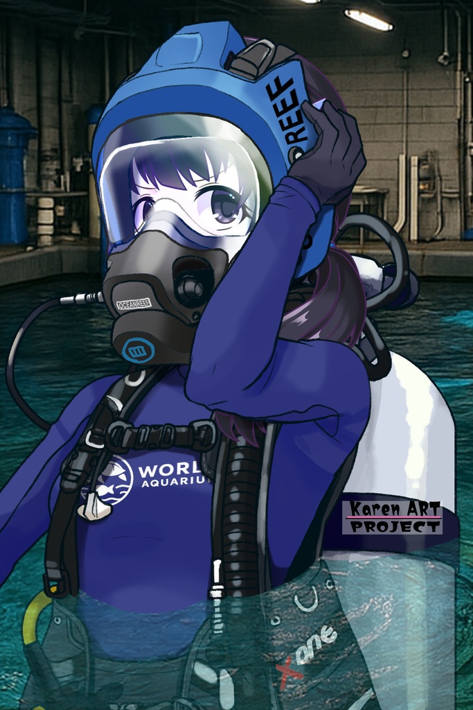ゆりちゃん+マリンガールのダイビング装備 Blue Version【水族館のスタッフ05】斜め前アングル Yuri is wearing Aquarium Marine Girl Equipment Blue Version【Marine Girl05】Diagonal front angle