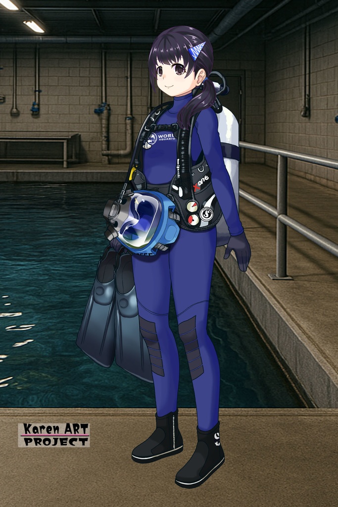 ゆりちゃん+マリンガールのダイビング装備 Blue Version【水族館のスタッフ05】斜め前アングル Yuri is wearing Aquarium Marine Girl Equipment Blue Version【Marine Girl05】Diagonal front angle