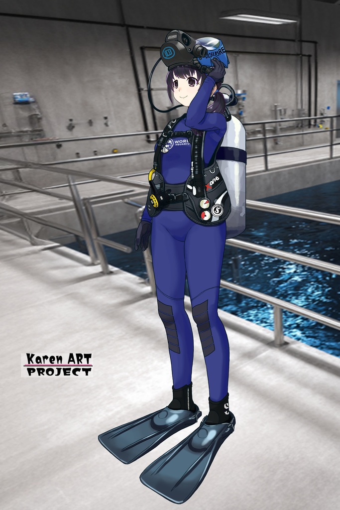 ゆりちゃん+マリンガールのダイビング装備 Blue Version【水族館のスタッフ05】斜め前アングル Yuri is wearing Aquarium Marine Girl Equipment Blue Version【Marine Girl05】Diagonal front angle