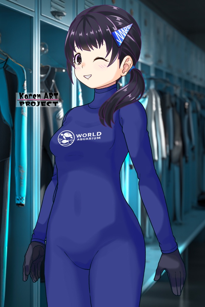 ゆりちゃん+マリンガールのダイビング装備 Blue Version【水族館のスタッフ05】斜め前アングル Yuri is wearing Aquarium Marine Girl Equipment Blue Version【Marine Girl05】Diagonal front angle
