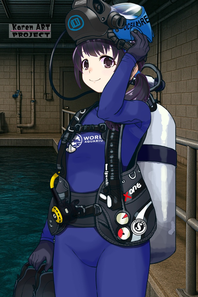 ゆりちゃん+マリンガールのダイビング装備 Blue Version【水族館のスタッフ05】斜め前アングル Yuri is wearing Aquarium Marine Girl Equipment Blue Version【Marine Girl05】Diagonal front angle