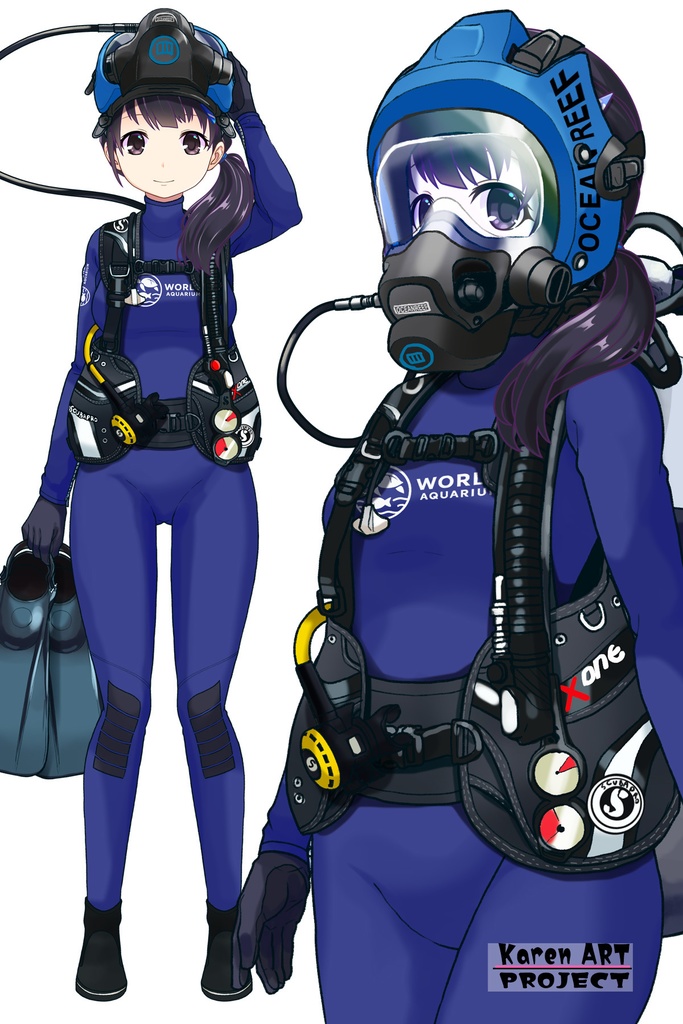 ゆりちゃん+マリンガールのダイビング装備 Blue Version【水族館のスタッフ05】斜め前アングル Yuri is wearing Aquarium Marine Girl Equipment Blue Version【Marine Girl05】Diagonal front angle