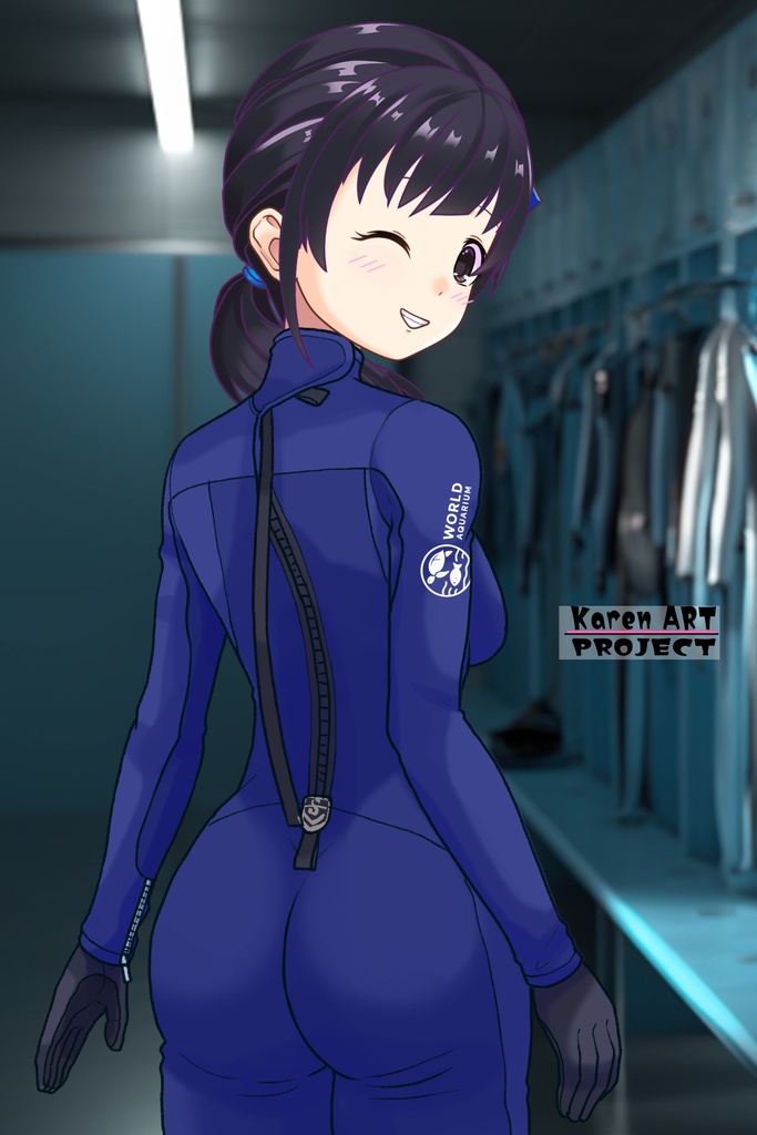 ゆりちゃん+マリンガールのダイビング装備 Blue Version【水族館のスタッフ06】背面アングル Yuri is wearing Aquarium Marine Girl Equipment Blue Version【Marine Girl06】Back Angle