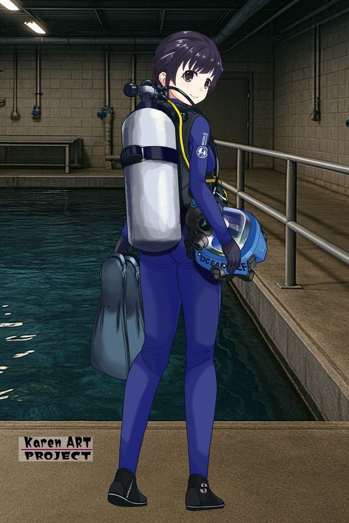 ゆりちゃん+マリンガールのダイビング装備 Blue Version【水族館のスタッフ06】背面アングル Yuri is wearing Aquarium Marine Girl Equipment Blue Version【Marine Girl06】Back Angle