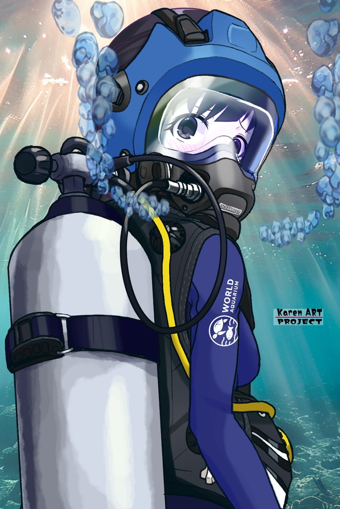 ゆりちゃん+マリンガールのダイビング装備 Blue Version【水族館のスタッフ06】背面アングル Yuri is wearing Aquarium Marine Girl Equipment Blue Version【Marine Girl06】Back Angle