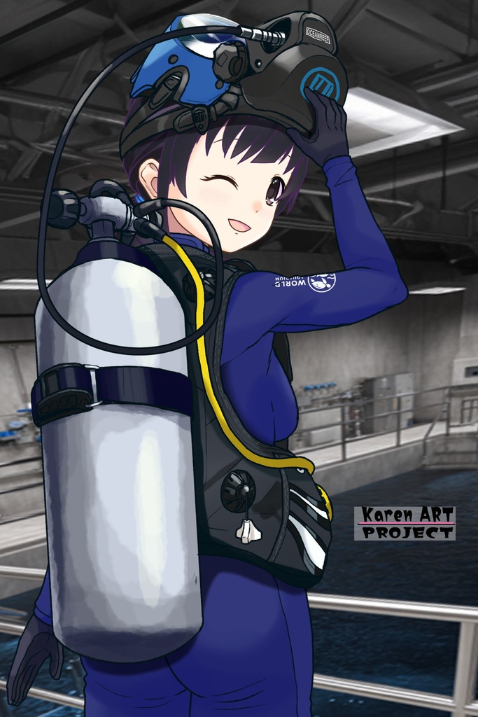 ゆりちゃん+マリンガールのダイビング装備 Blue Version【水族館のスタッフ06】背面アングル Yuri is wearing Aquarium Marine Girl Equipment Blue Version【Marine Girl06】Back Angle