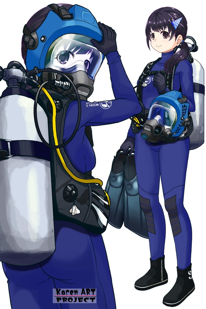 ゆりちゃん+マリンガールのダイビング装備 Blue Version【水族館のスタッフ06】背面アングル Yuri is wearing Aquarium Marine Girl Equipment Blue Version【Marine Girl06】Back Angle