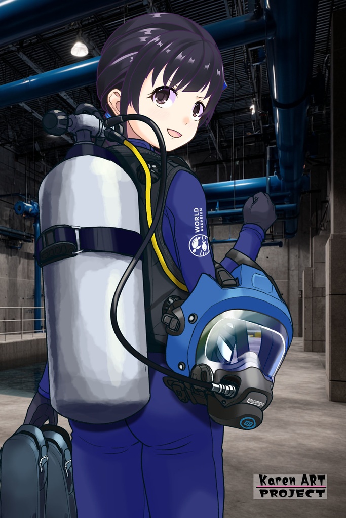 ゆりちゃん+マリンガールのダイビング装備 Blue Version【水族館のスタッフ06】背面アングル Yuri is wearing Aquarium Marine Girl Equipment Blue Version【Marine Girl06】Back Angle