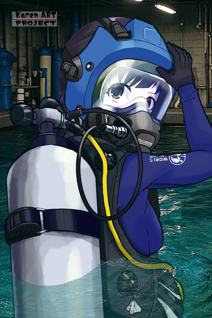 ゆりちゃん+マリンガールのダイビング装備 Blue Version【水族館のスタッフ06】背面アングル Yuri is wearing Aquarium Marine Girl Equipment Blue Version【Marine Girl06】Back Angle