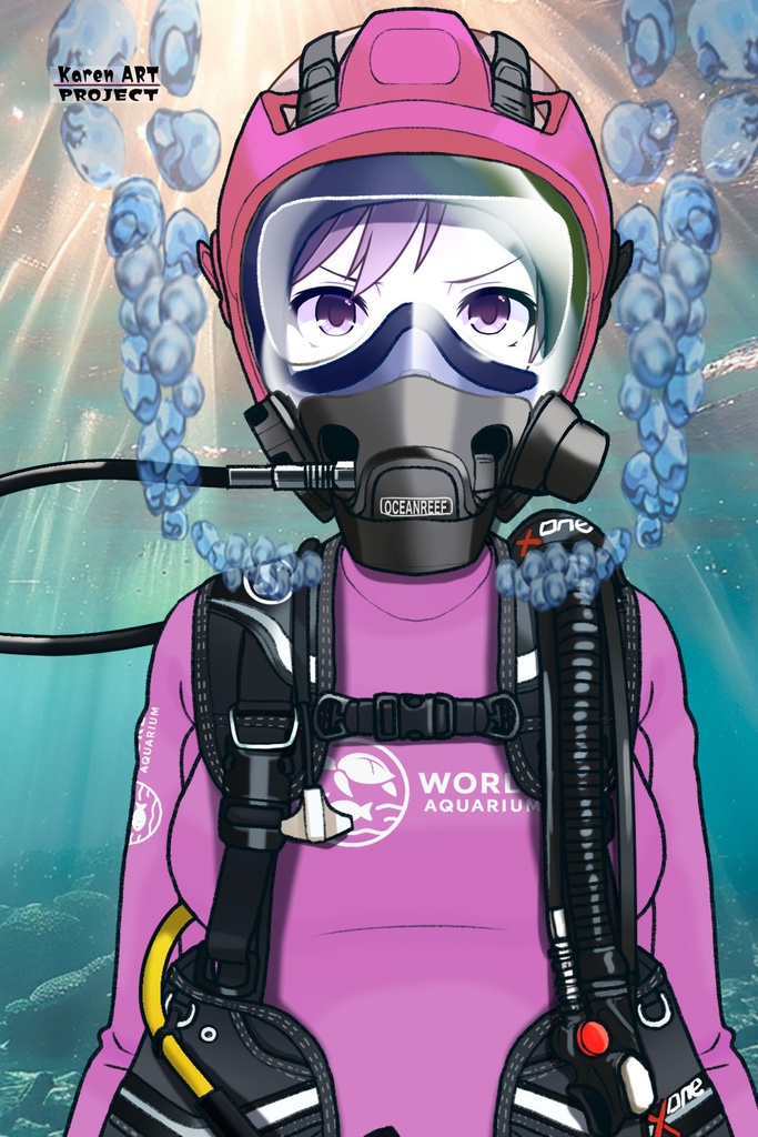 カレンちゃん+マリンガールのダイビング装備 Pink Version【水族館のスタッフ01】正面アングル Karen is wearing Aquarium Marine Girl Equipment Pink Version【Marine Girl01】Front Angle