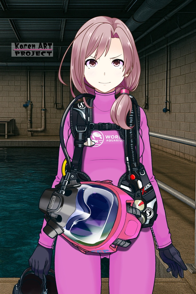 カレンちゃん+マリンガールのダイビング装備 Pink Version【水族館のスタッフ01】正面アングル Karen is wearing Aquarium Marine Girl Equipment Pink Version【Marine Girl01】Front Angle