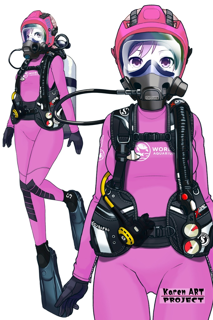 カレンちゃん+マリンガールのダイビング装備 Pink Version【水族館のスタッフ01】正面アングル Karen is wearing Aquarium Marine Girl Equipment Pink Version【Marine Girl01】Front Angle