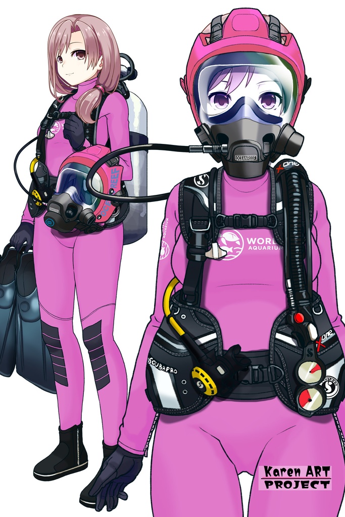 カレンちゃん+マリンガールのダイビング装備 Pink Version【水族館のスタッフ01】正面アングル Karen is wearing Aquarium Marine Girl Equipment Pink Version【Marine Girl01】Front Angle
