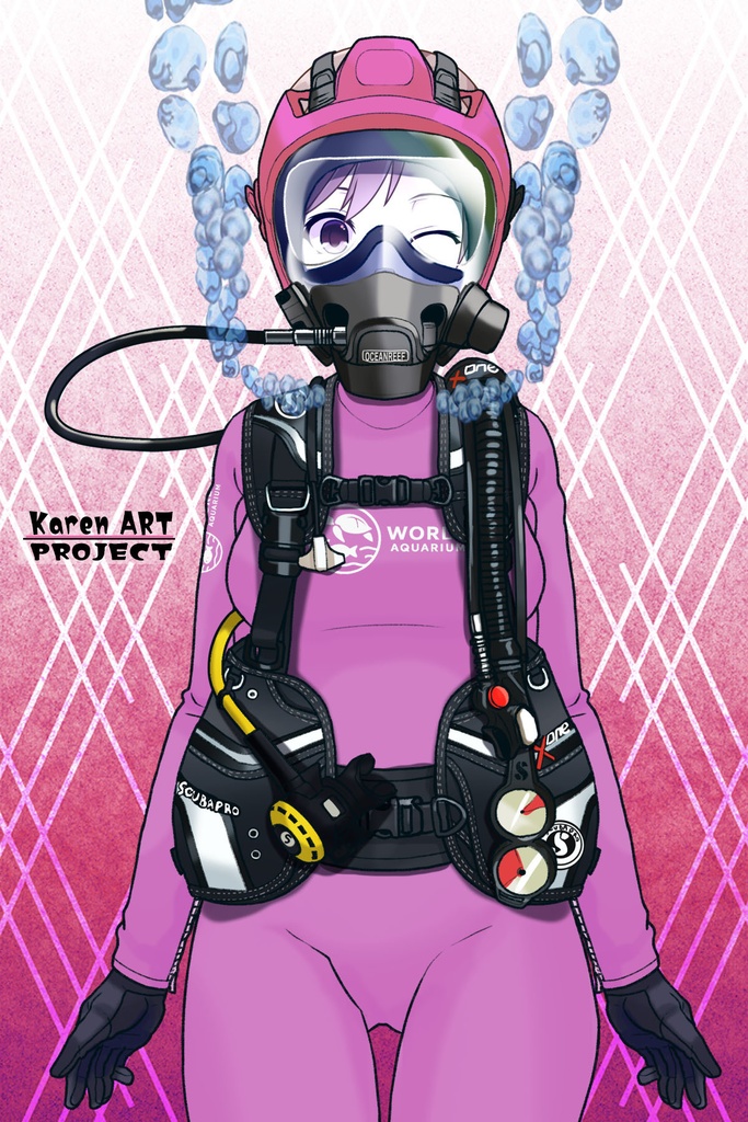 カレンちゃん+マリンガールのダイビング装備 Pink Version【水族館のスタッフ01】正面アングル Karen is wearing Aquarium Marine Girl Equipment Pink Version【Marine Girl01】Front Angle