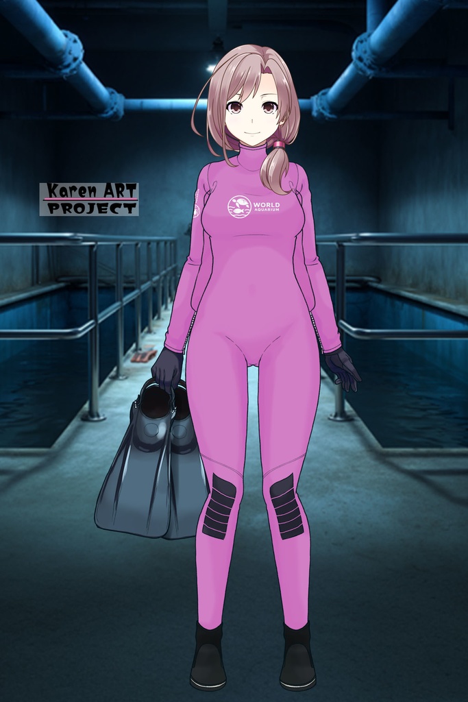 カレンちゃん+マリンガールのダイビング装備 Pink Version【水族館のスタッフ01】正面アングル Karen is wearing Aquarium Marine Girl Equipment Pink Version【Marine Girl01】Front Angle