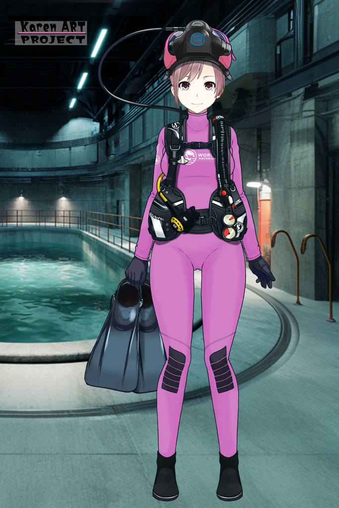 カレンちゃん+マリンガールのダイビング装備 Pink Version【水族館のスタッフ01】正面アングル Karen is wearing Aquarium Marine Girl Equipment Pink Version【Marine Girl01】Front Angle
