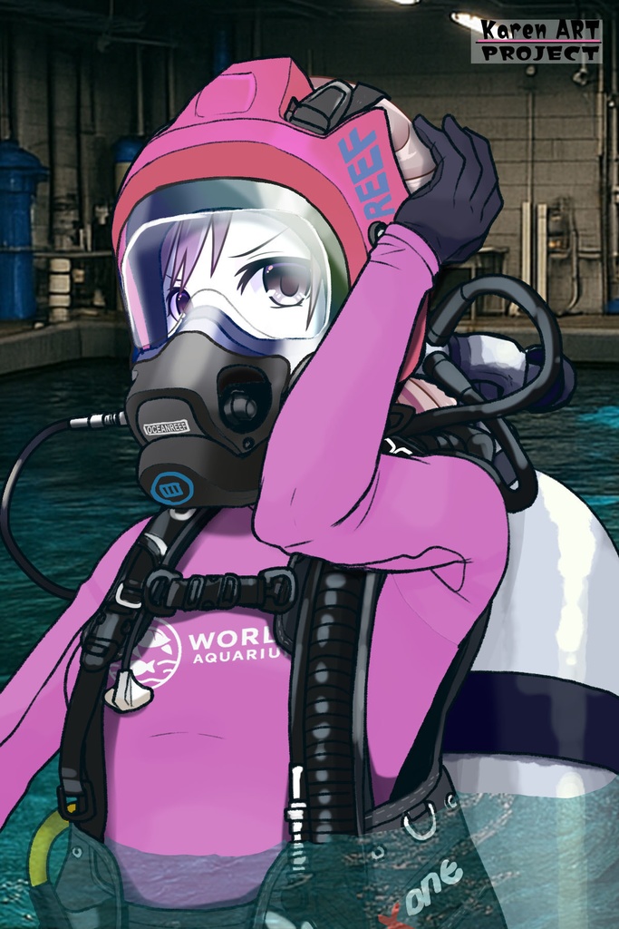 カレンちゃん+マリンガールのダイビング装備 Pink Version【水族館のスタッフ02】斜め前アングル Karen is wearing Aquarium Marine Girl Equipment Pink Version【Marine Girl02】Diagonal front angle