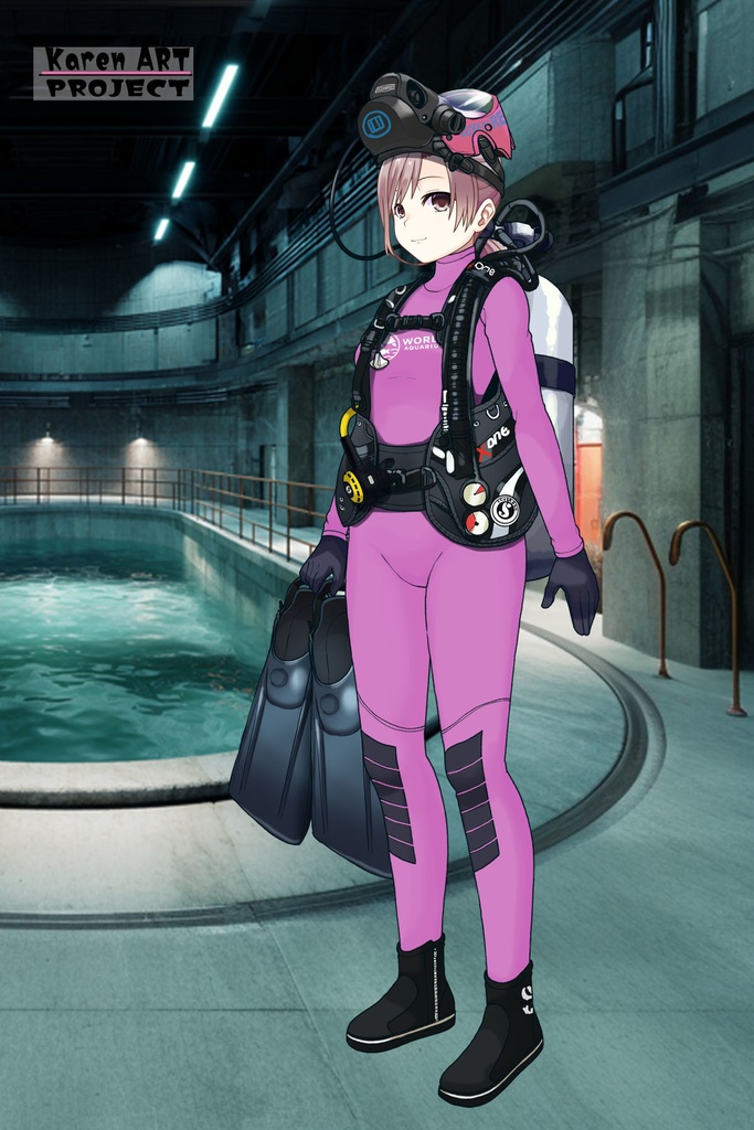 カレンちゃん+マリンガールのダイビング装備 Pink Version【水族館のスタッフ02】斜め前アングル Karen is wearing Aquarium Marine Girl Equipment Pink Version【Marine Girl02】Diagonal front angle