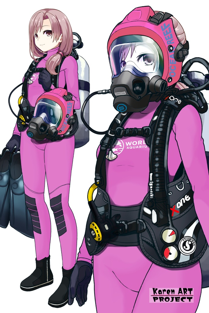 カレンちゃん+マリンガールのダイビング装備 Pink Version【水族館のスタッフ02】斜め前アングル Karen is wearing Aquarium Marine Girl Equipment Pink Version【Marine Girl02】Diagonal front angle