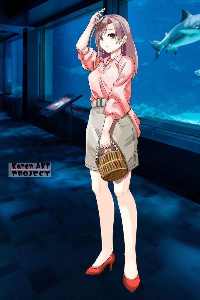 カレンちゃん+マリンガールのダイビング装備 Pink Version【水族館のスタッフ02】斜め前アングル Karen is wearing Aquarium Marine Girl Equipment Pink Version【Marine Girl02】Diagonal front angle