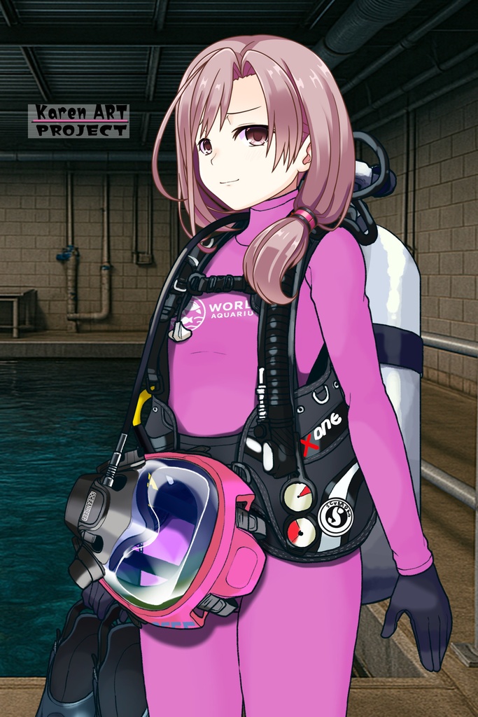 カレンちゃん+マリンガールのダイビング装備 Pink Version【水族館のスタッフ02】斜め前アングル Karen is wearing Aquarium Marine Girl Equipment Pink Version【Marine Girl02】Diagonal front angle