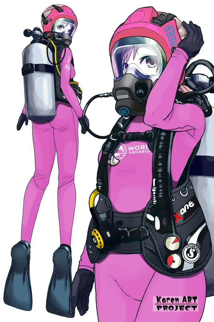 カレンちゃん+マリンガールのダイビング装備 Pink Version【水族館のスタッフ02】斜め前アングル Karen is wearing Aquarium Marine Girl Equipment Pink Version【Marine Girl02】Diagonal front angle