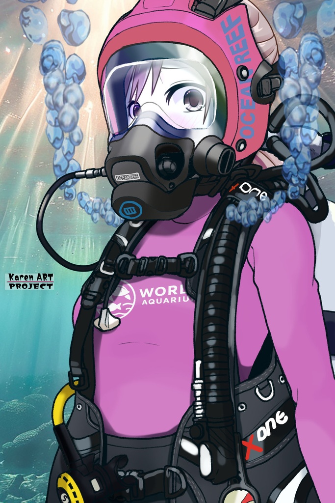 カレンちゃん+マリンガールのダイビング装備 Pink Version【水族館のスタッフ02】斜め前アングル Karen is wearing Aquarium Marine Girl Equipment Pink Version【Marine Girl02】Diagonal front angle