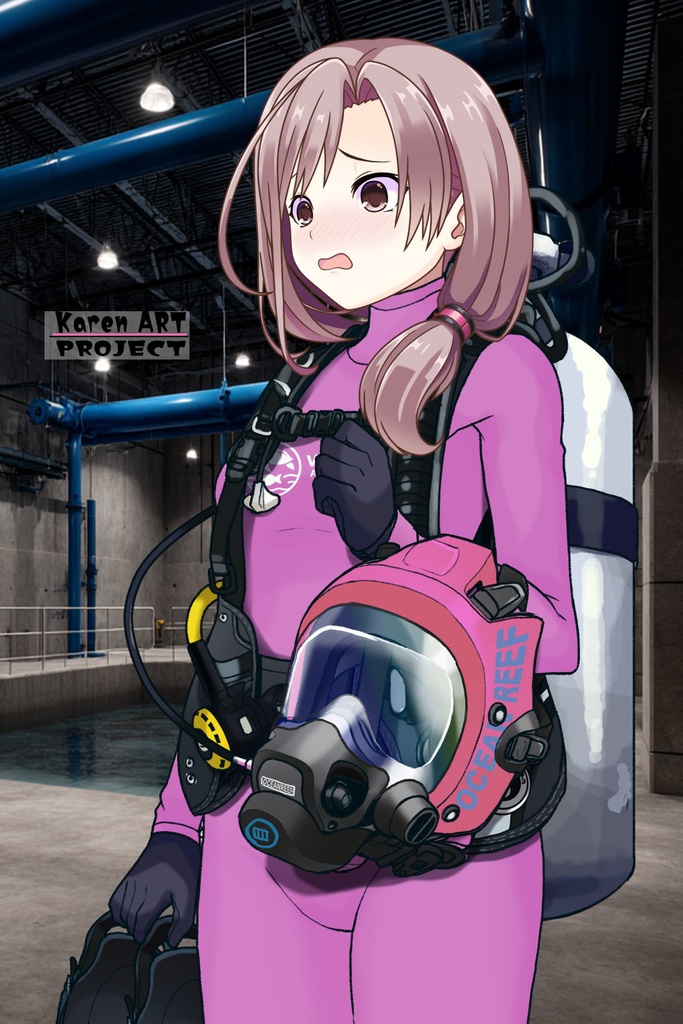 カレンちゃん+マリンガールのダイビング装備 Pink Version【水族館のスタッフ02】斜め前アングル Karen is wearing Aquarium Marine Girl Equipment Pink Version【Marine Girl02】Diagonal front angle