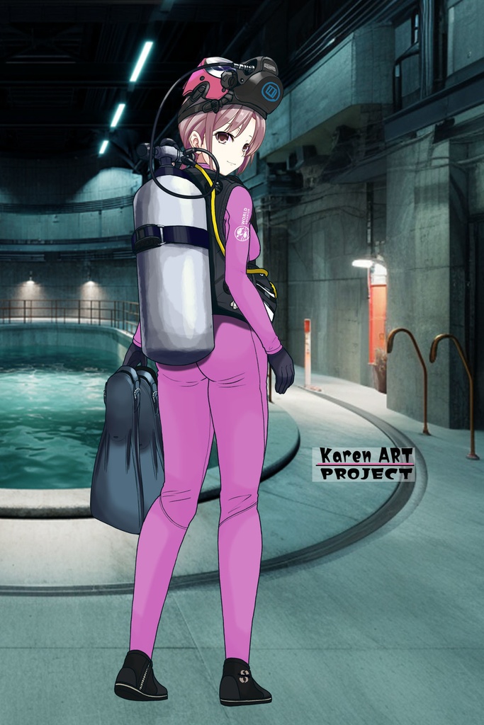 カレンちゃん+マリンガールのダイビング装備 Pink Version【水族館のスタッフ03】背面アングル Karen is wearing Aquarium Marine Girl Equipment Pink Version【Marine Girl03】Back Angle