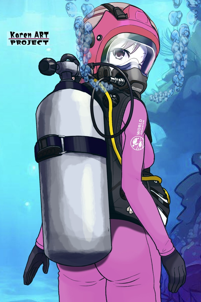 カレンちゃん+マリンガールのダイビング装備 Pink Version【水族館のスタッフ03】背面アングル Karen is wearing Aquarium Marine Girl Equipment Pink Version【Marine Girl03】Back Angle