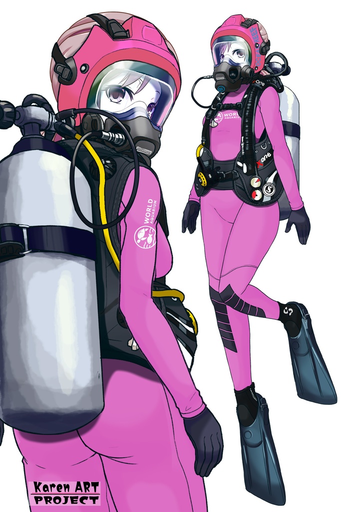 カレンちゃん+マリンガールのダイビング装備 Pink Version【水族館のスタッフ03】背面アングル Karen is wearing Aquarium Marine Girl Equipment Pink Version【Marine Girl03】Back Angle
