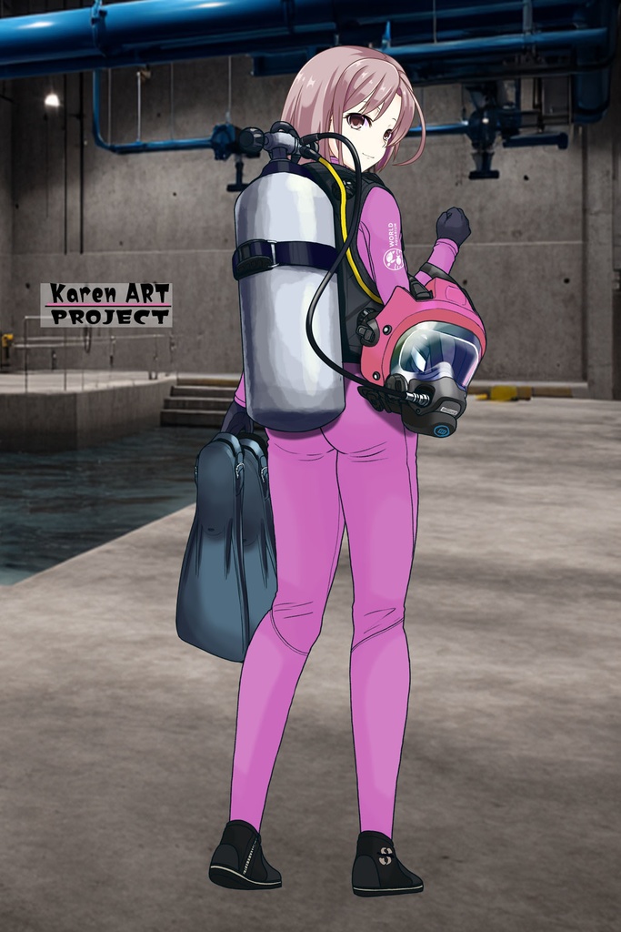 カレンちゃん+マリンガールのダイビング装備 Pink Version【水族館のスタッフ03】背面アングル Karen is wearing Aquarium Marine Girl Equipment Pink Version【Marine Girl03】Back Angle