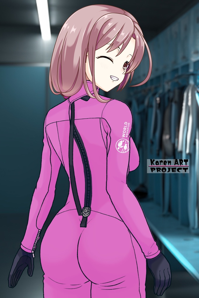 カレンちゃん+マリンガールのダイビング装備 Pink Version【水族館のスタッフ03】背面アングル Karen is wearing Aquarium Marine Girl Equipment Pink Version【Marine Girl03】Back Angle