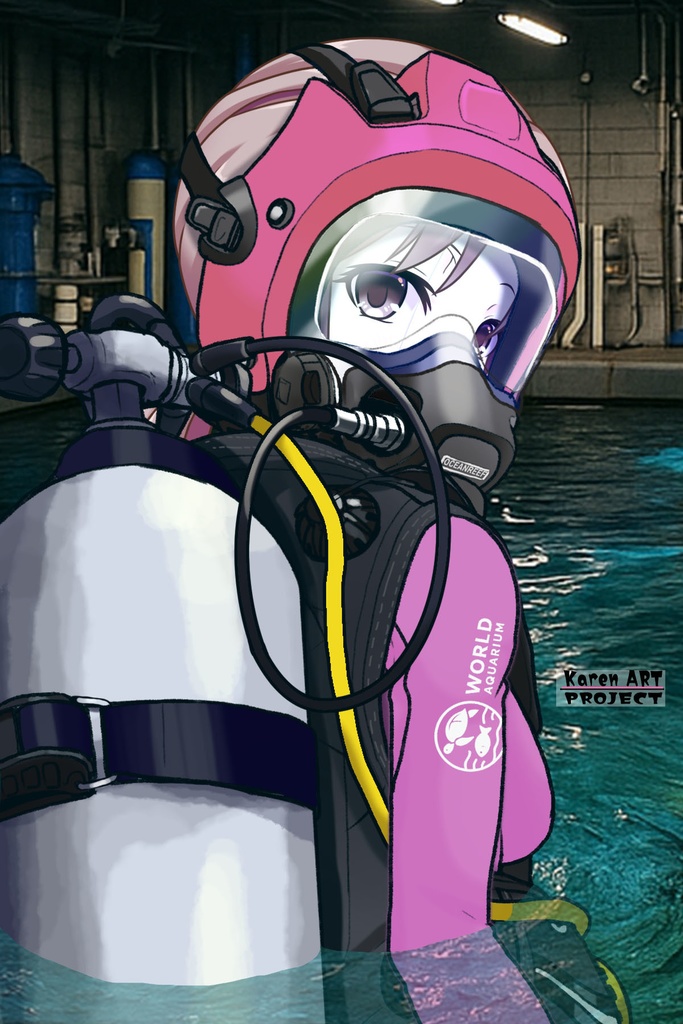 カレンちゃん+マリンガールのダイビング装備 Pink Version【水族館のスタッフ03】背面アングル Karen is wearing Aquarium Marine Girl Equipment Pink Version【Marine Girl03】Back Angle