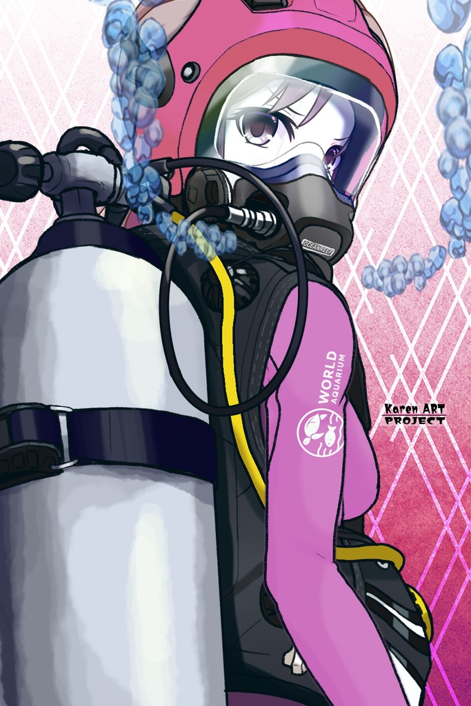 カレンちゃん+マリンガールのダイビング装備 Pink Version【水族館のスタッフ03】背面アングル Karen is wearing Aquarium Marine Girl Equipment Pink Version【Marine Girl03】Back Angle