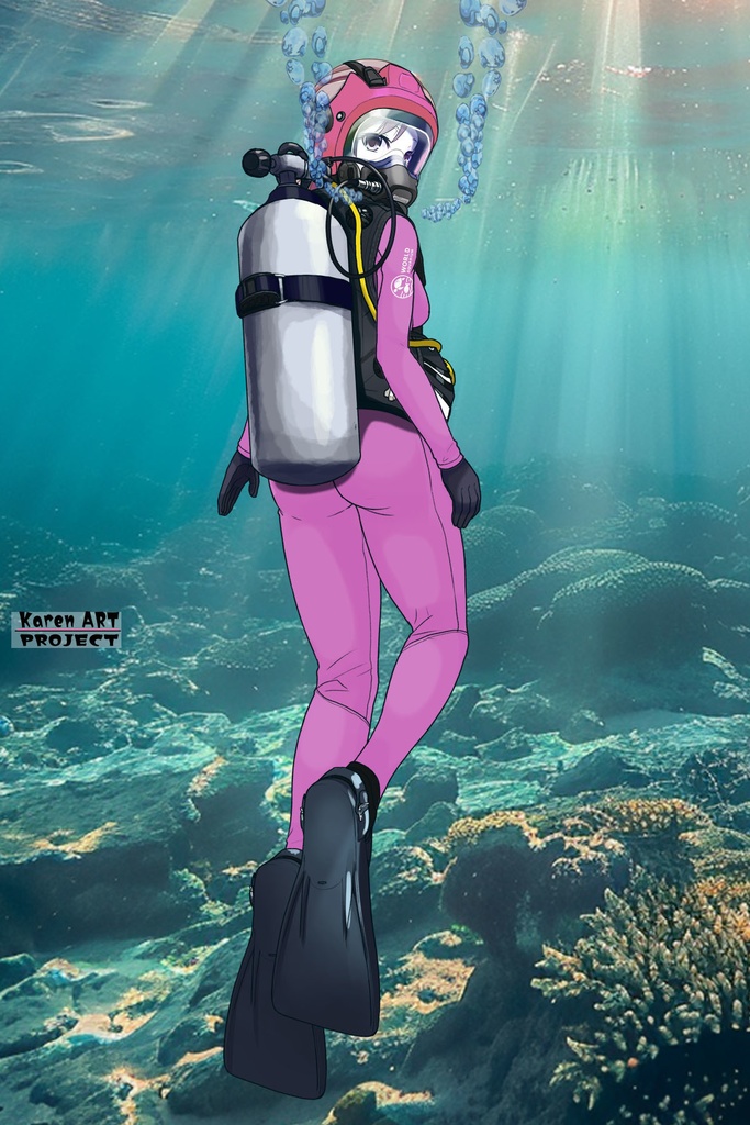 カレンちゃん+マリンガールのダイビング装備 Pink Version【水族館のスタッフ03】背面アングル Karen is wearing Aquarium Marine Girl Equipment Pink Version【Marine Girl03】Back Angle