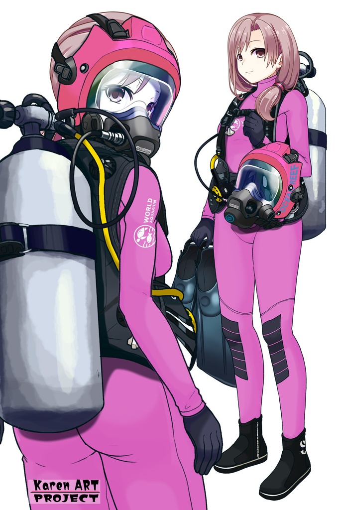 カレンちゃん+マリンガールのダイビング装備 Pink Version【水族館のスタッフ03】背面アングル Karen is wearing Aquarium Marine Girl Equipment Pink Version【Marine Girl03】Back Angle