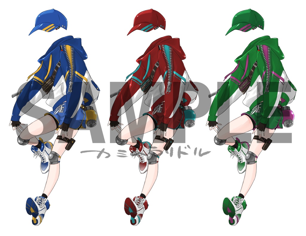 VTuber素材 着せ替え用 レディースライクFPS系ウェア(青・赤・緑)