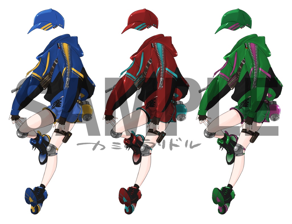 VTuber素材 着せ替え用 レディースライクFPS系ウェア(青・赤・緑)
