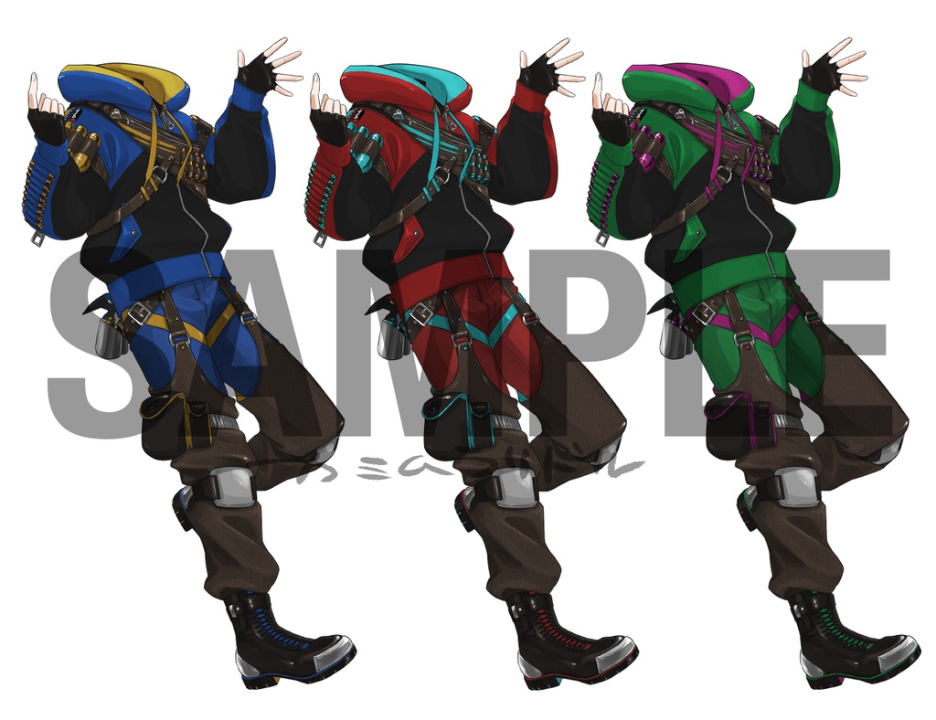 VTuber素材 着せ替え用 メンズライクFPS系ウェア(青・赤・緑)