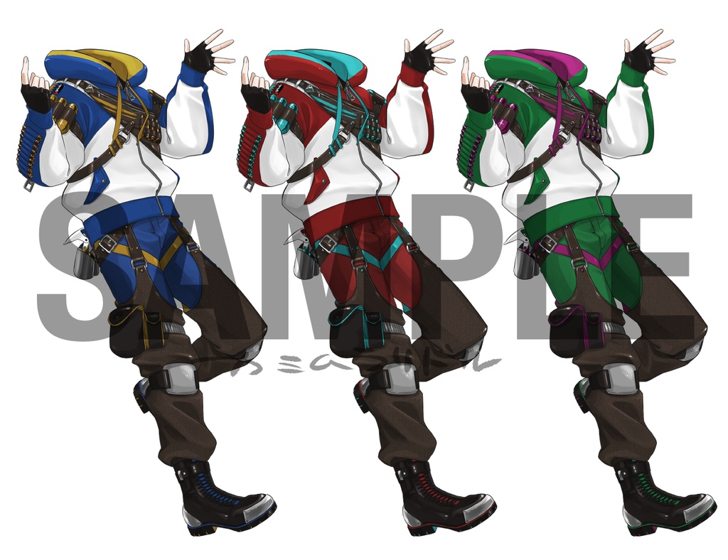 VTuber素材 着せ替え用 メンズライクFPS系ウェア(青・赤・緑)