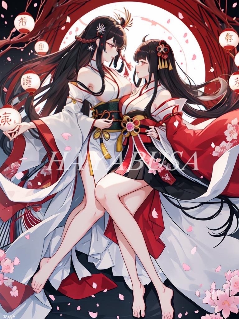 【AIイラスト】華と巫女:艶やかな黒髪美女と桜の幻想的な風景