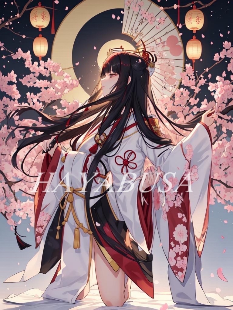 【AIイラスト】華と巫女:艶やかな黒髪美女と桜の幻想的な風景