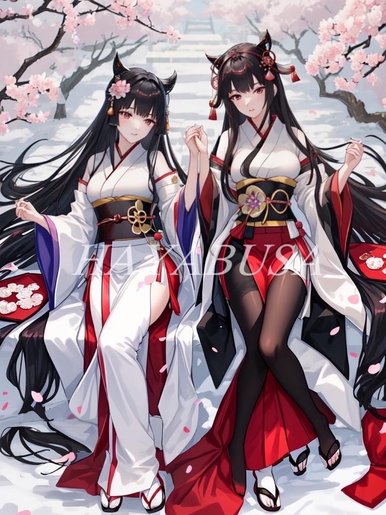 【AIイラスト】華と巫女：艶やかな黒髪美女と桜の幻想的な風景